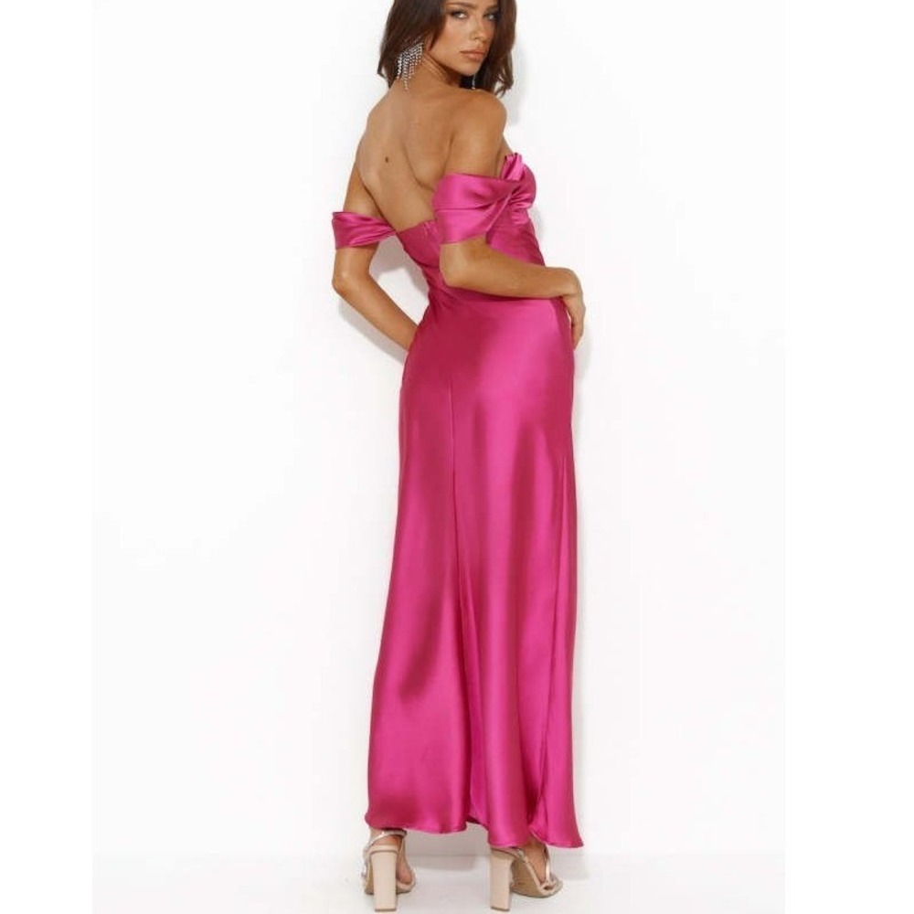 Hello Molly Shine Of Pearls Satin Maxi Dress Womens L Pink Off Shoulder Formal - Picture 5 of 16